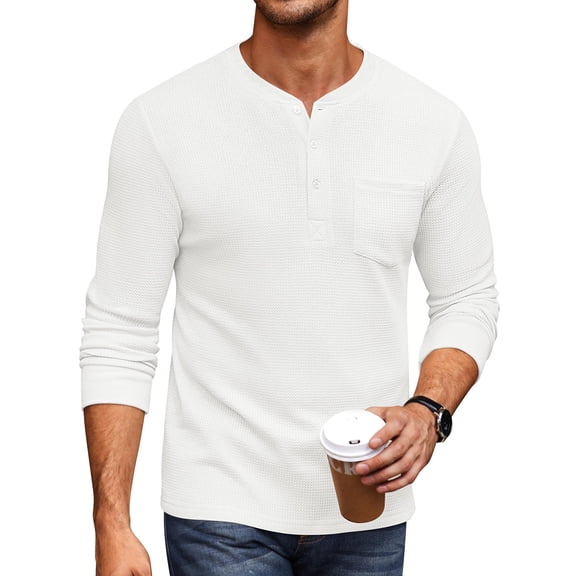 COOFANDY Men's Henley Shirts Long Sleeve Basic Waffle Pique Pullover T-Shirt with Pocket