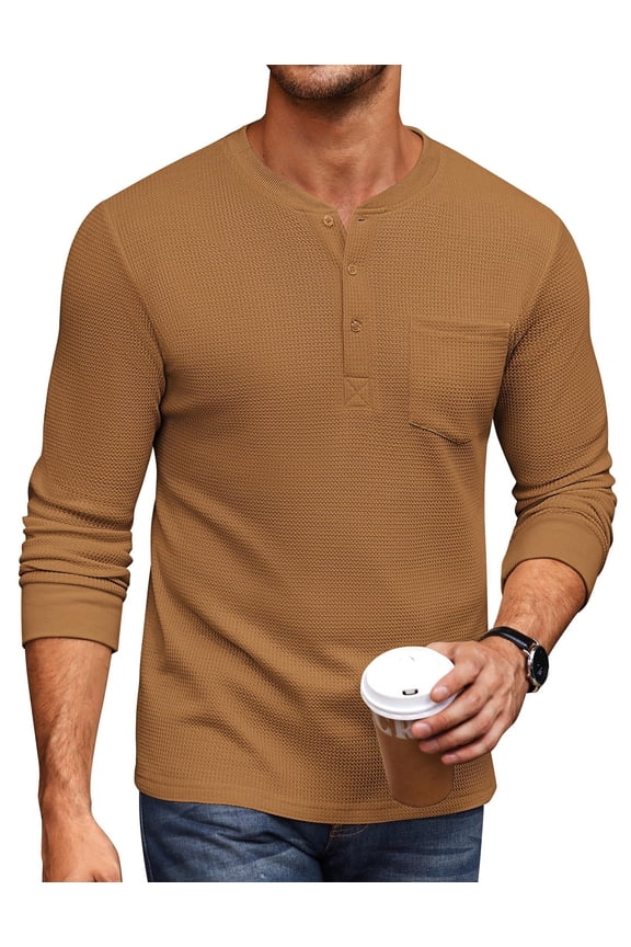 Men's Henley Shirts Long Sleeve Basic Waffle Pique Pullover T-Shirt with Pocket