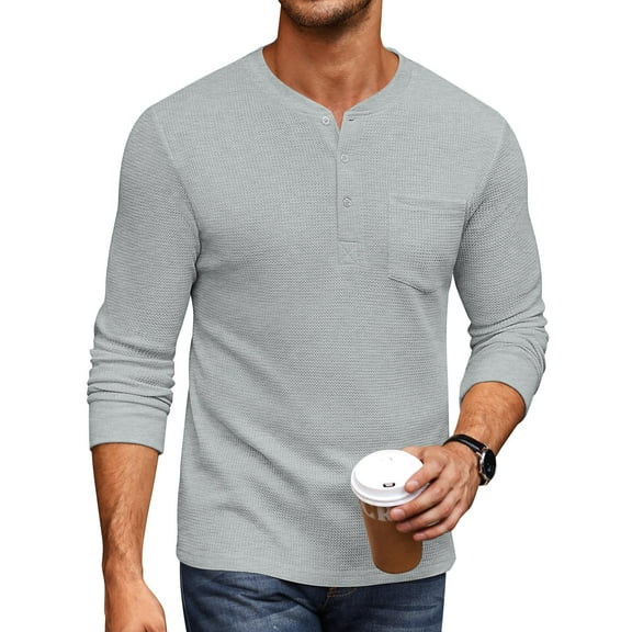 COOFANDY Men's Henley Shirts Long Sleeve Basic Waffle Pique Pullover T-Shirt with Pocket