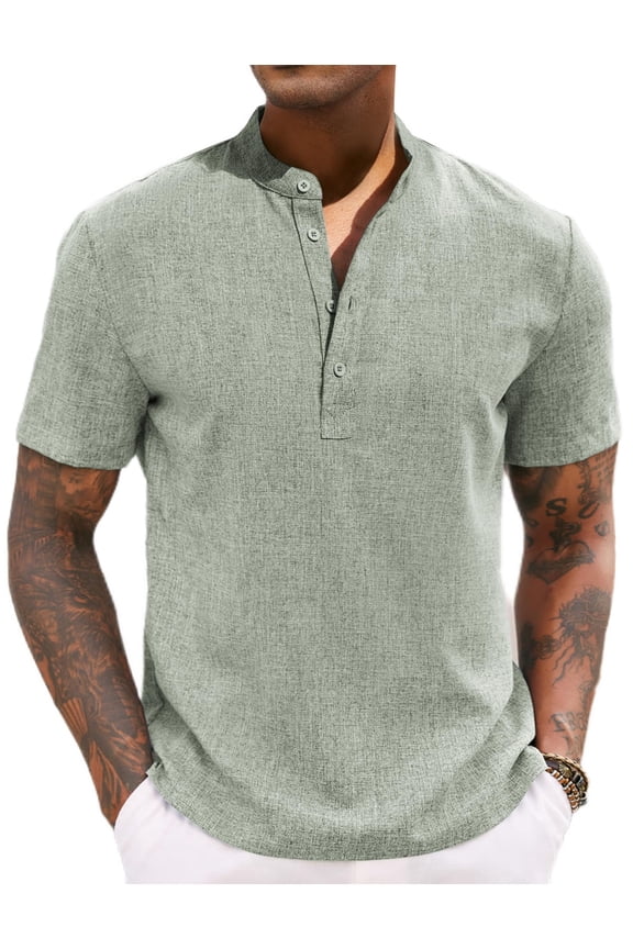 Men's Henley Short Sleeve Shirt Beach Linen Summer Casual Hippie T Shirts