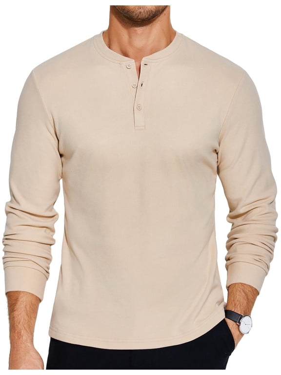 Men's Casual Henley Shirt Soft Stretch Long Sleeve T-Shirt Heavyweight Henley Pullover Basic Solid Plain T Shirt