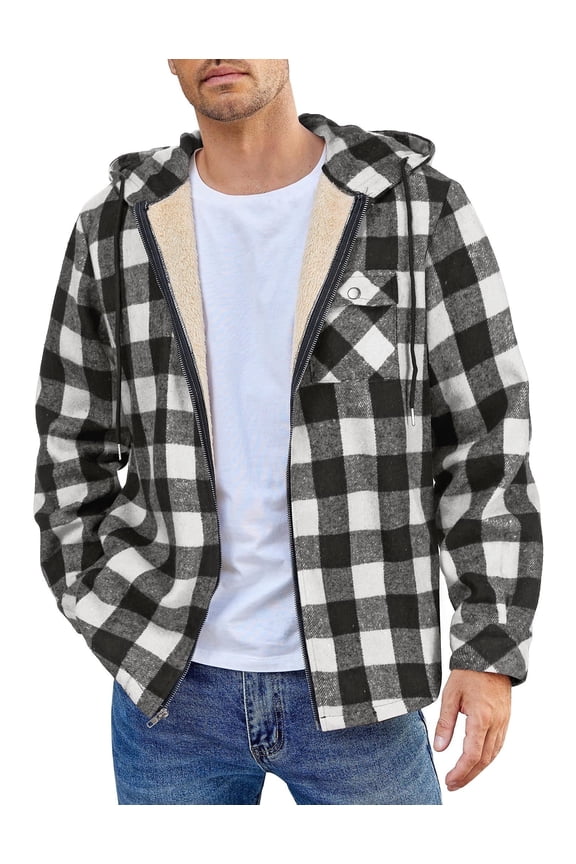 Men's Flannel Hooded Shirt Jacket Plaid Hoodie Zipper Sherpa Lined Winter Thermal Flannel