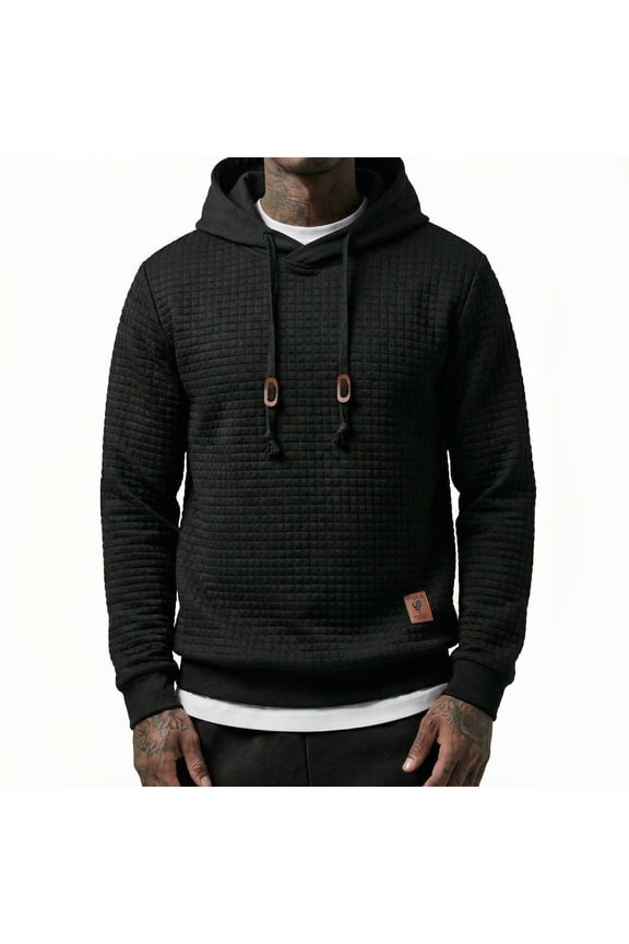 Black Men's Hoodie Sweatshirt Long Sleeve Drawstring Waffle Hooded Sweatshirt