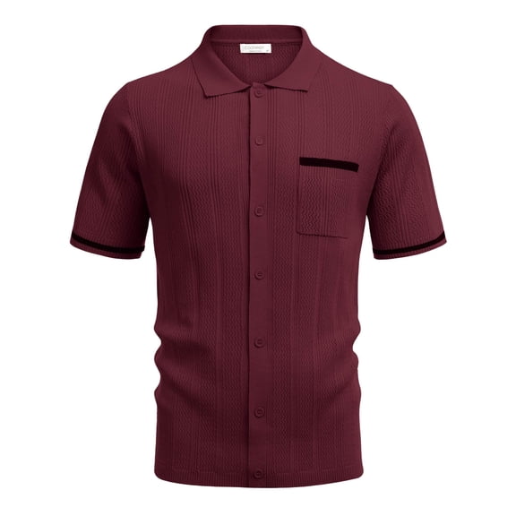 COOFANDY Men's Knit Button Down Shirt 2025 Vintage Short Sleeve Polo Shirt Casual Beach Tops Wine Red M