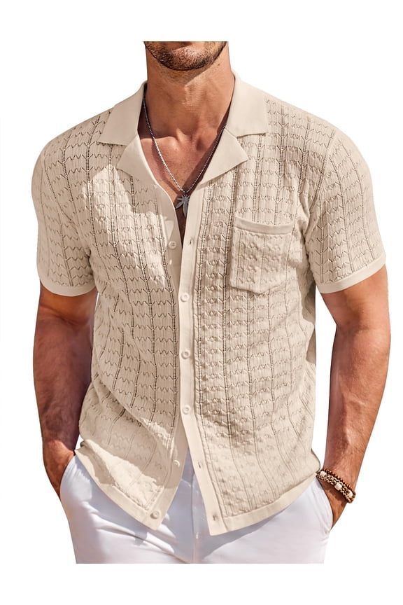 Men's Knit Button Down Shirt Short Sleeve Vintage Polo Shirts Summer Casual Beach Tops