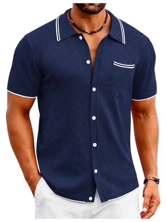 Men's Knit Button Down Shirt Vintage Polo Shirts Short Sleeve Summer Beach Shirts