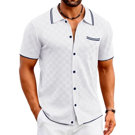 COOFANDY Men's Knit Button Down Shirt Vintage Polo Shirts Short Sleeve Summer Beach Shirts
