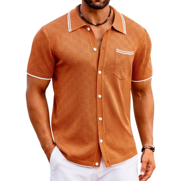 COOFANDY Men's Knit Button Down Shirt Vintage Polo Shirts Short Sleeve Summer Beach Shirts