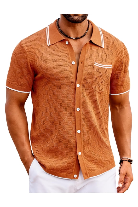 Men's Knit Button Down Shirt Vintage Polo Shirts Short Sleeve Summer Beach Shirts
