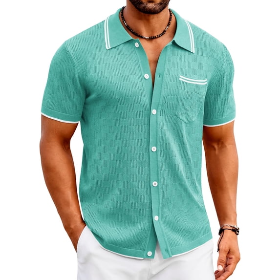 COOFANDY Men's Knit Button Down Shirt Vintage Polo Shirts Short Sleeve Summer Beach Shirts