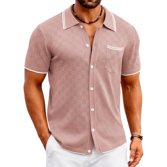 COOFANDY Men's Knit Button Down Shirt Vintage Polo Shirts Short Sleeve Summer Beach Shirts