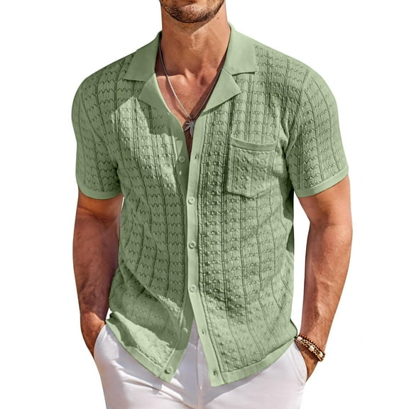 COOFANDY Men's Knit Button Down Shirt Short Sleeve Vintage Polo Shirts Summer Casual Beach Tops