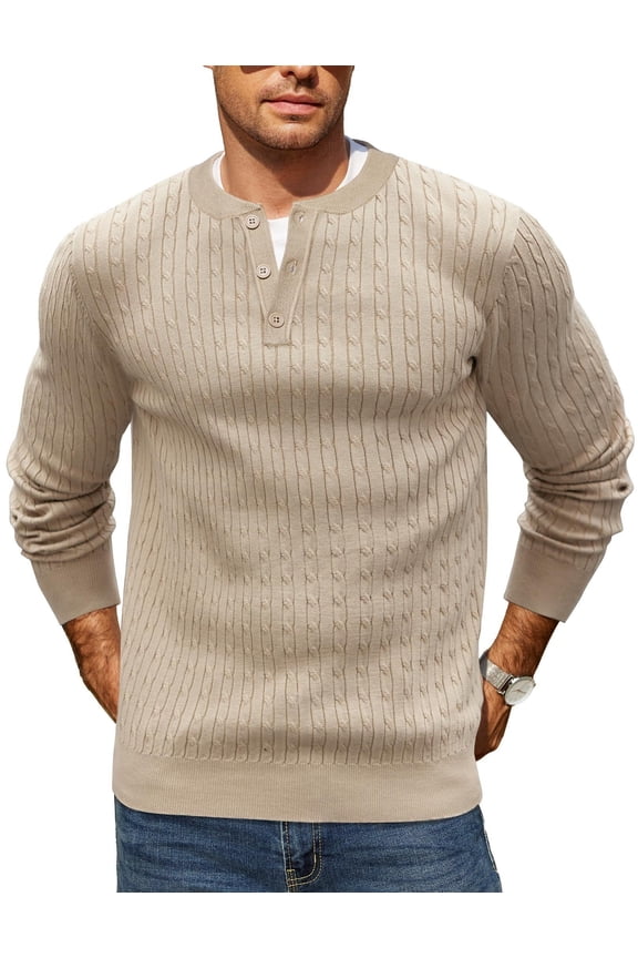 Men's Henley Knit Sweater Long Sleeve Button Crew Neck Casual Sweaters and Pullovers