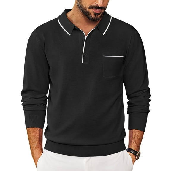 COOFANDY Knit Polo for Men Long Sleeve Collared Sweater Polo Business Casual Polos with Pocket