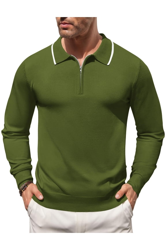 Men's Knitted Polo Shirt Half Zip Sweater Long Sleeve Casual Vintage Sweatshirt Lightweight Striped Golf Tops
