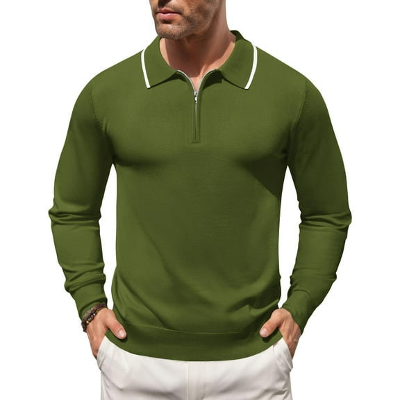 COOFANDY Men's Polo Sweater Long Sleeve Knit Polo Shirts Casual Quarter Zip Pullover Vintage Striped Polo Golf Sweatshirts