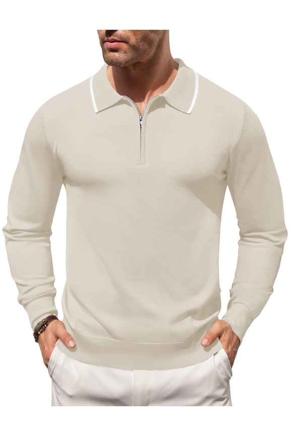 Men's Zipper Polo Shirt Casual Knit Long Sleeve Polo T Shirt Classic Fit Shirts