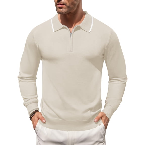 COOFANDY Men's Zipper Polo Shirt Casual Knit Long Sleeve Polo T Shirt Classic Fit Shirts