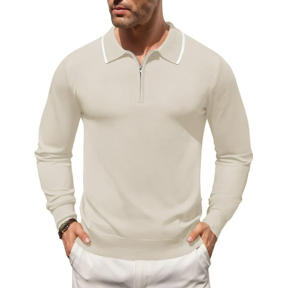 COOFANDY Men's Zipper Polo Shirt Casual Knit Long Sleeve Polo T Shirt Classic Fit Shirts
