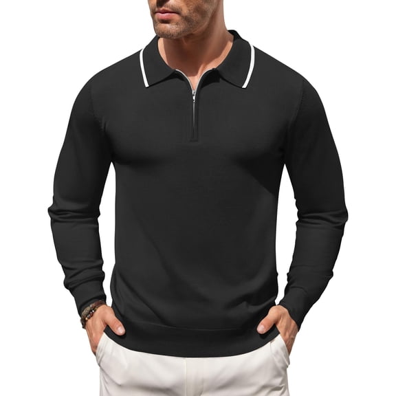 COOFANDY Men's Zipper Polo Shirt Long Sleeve Knit Polo Sweater Casual Golf Pullover Quarter Zip Sweatershirt