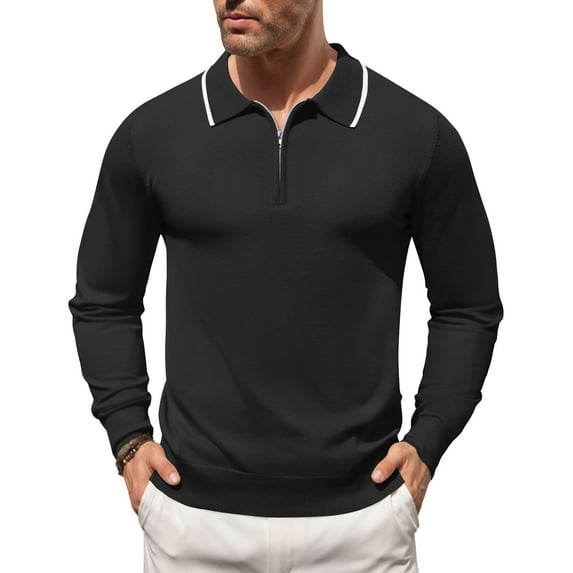 COOFANDY Men's Knitted Polo Shirt Half Zip Sweater Long Sleeve Casual Vintage Sweatshirt Lightweight Striped Golf Tops