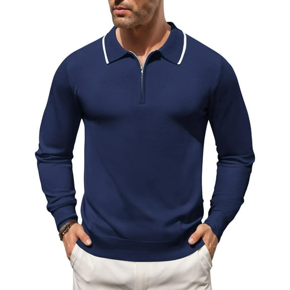 COOFANDY Men's Polo Sweater Long Sleeve Knit Polo Shirts Casual Quarter Zip Pullover Vintage Striped Polo Golf Sweatshirts