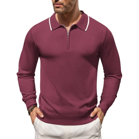 COOFANDY Men's Long Sleeve Polo Sweater Quarter Zip Knit Polo Shirts Vintage Striped Casual Pullover Golf Sweatshirt