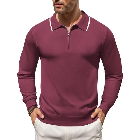 COOFANDY Men's Polo Sweater Long Sleeve Knit Polo Shirts Casual Quarter Zip Pullover Vintage Striped Polo Golf Sweatshirts