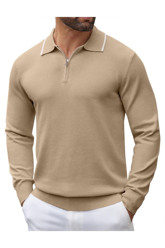 Men's Polo Sweater Long Sleeve Knit Polo Shirts Casual Quarter Zip Pullover Vintage Striped Polo Golf Sweatshirts