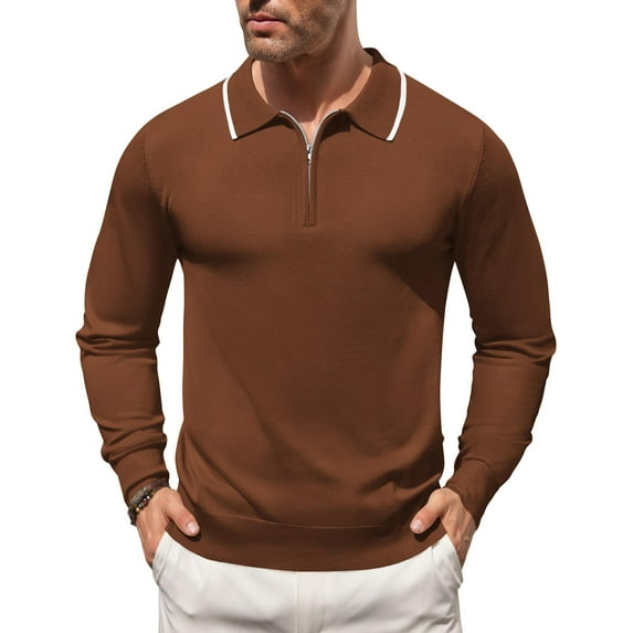 COOFANDY Men's Zipper Polo Shirt Casual Knit Long Sleeve Polo T Shirt Classic Fit Shirts