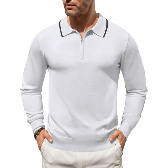 COOFANDY Men's Knit Polo Shirt Long Sleeve Casual Zipper Polo Golf Shirts Slim Fit Striped Vintage Tee Work Polo Muscle T Shirts