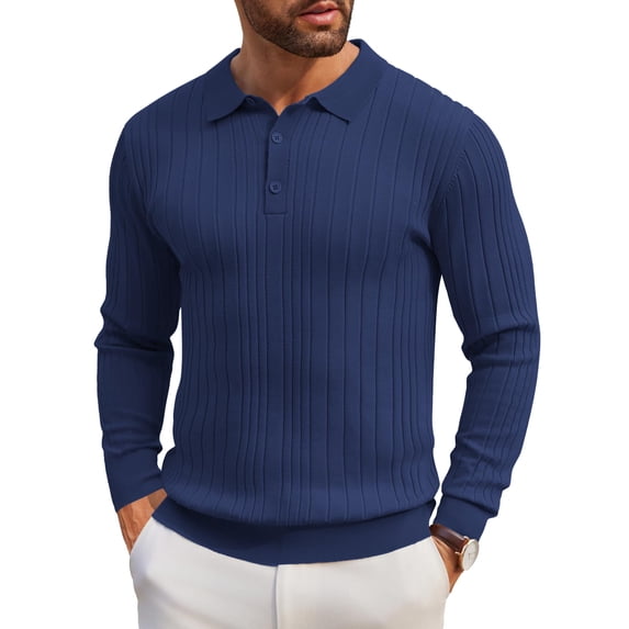 COOFANDY Men's Knit Polo Shirts Long Sleeve Casual Button Down Ribbed Polo Shirt Fashion Golf Shirts