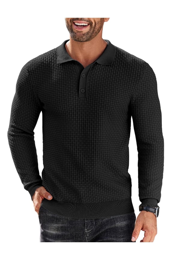 Men's Long Sleeve Lightweight Knit Polo Shirt - Fashion Casual Collared T-Shirt Sweater