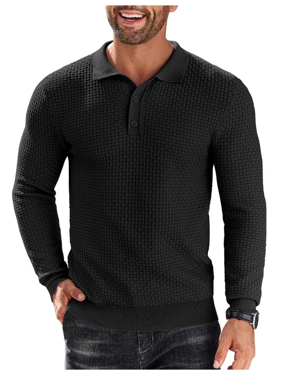 Men's Long Sleeve Lightweight Knit Polo Shirt - Fashion Casual Collared T-Shirt Sweater