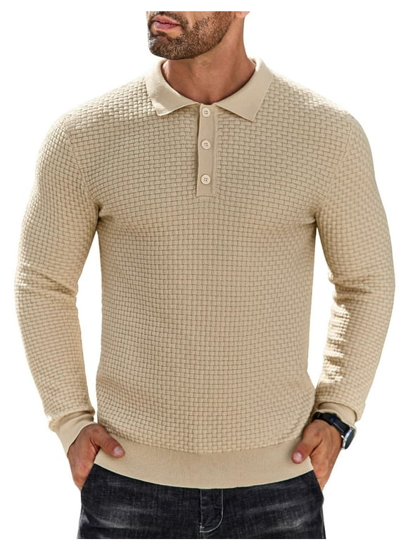 Men's Long Sleeve Lightweight Knit Polo Shirt - Fashion Casual Collared T-Shirt Sweater