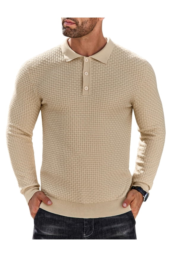 Men's Long Sleeve Lightweight Knit Polo Shirt - Fashion Casual Collared T-Shirt Sweater