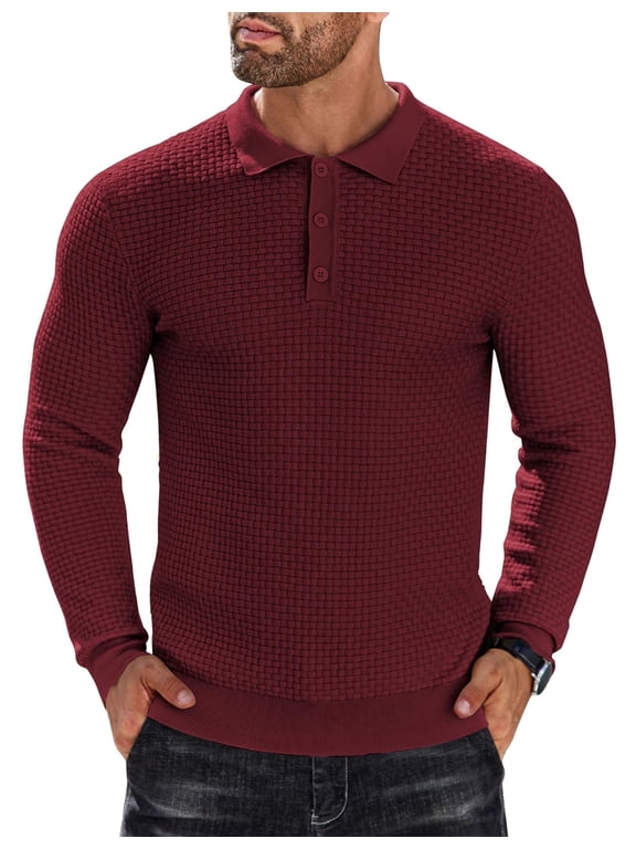 Men's Long Sleeve Lightweight Knit Polo Shirt - Fashion Casual Collared T-Shirt Sweater