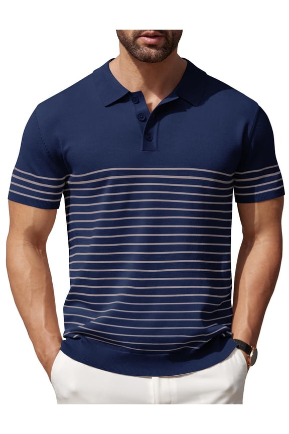Men's Knitted Polo Shirts Short Sleeve Casual Golf Shirts Vintage Striped Shirts