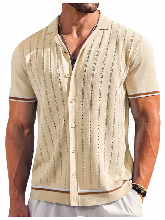 Men's Knit Shirt Short Sleeve Casual Button Down Shirt Vintage 90S 80S Knitted Beach Tops Navy Blue Beige L