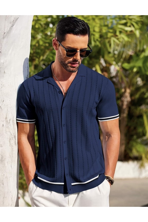 Men's Knit Shirt Short Sleeve Casual Button Down Shirt Vintage 90S 80S Knitted Beach Tops