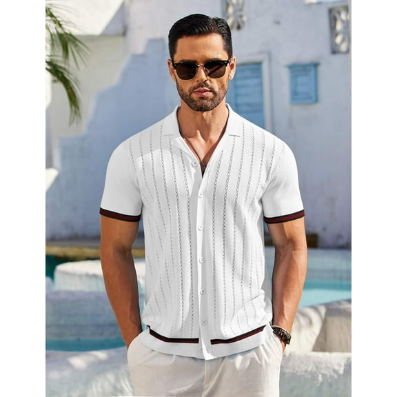 COOFANDY Summer Shirt for Men Vintage Polo Shirts Short Sleeve Knit Button Down Shirt