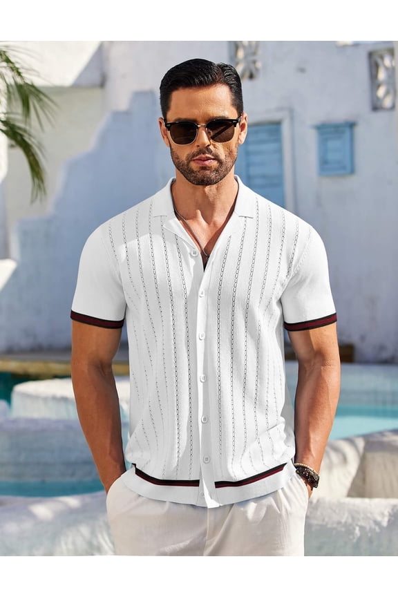Knit Polo Shirt for Men Casual Button Down Shirt for Summer Vacation Beach Wedding
