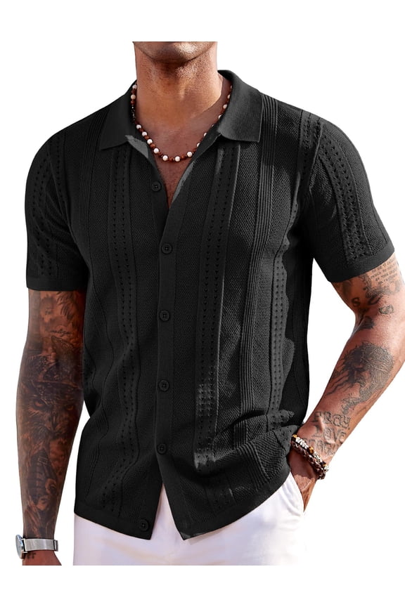 Men's Short Sleeve Knit Shirts Vintage Button Down Polo Shirt Casual Beach Tops
