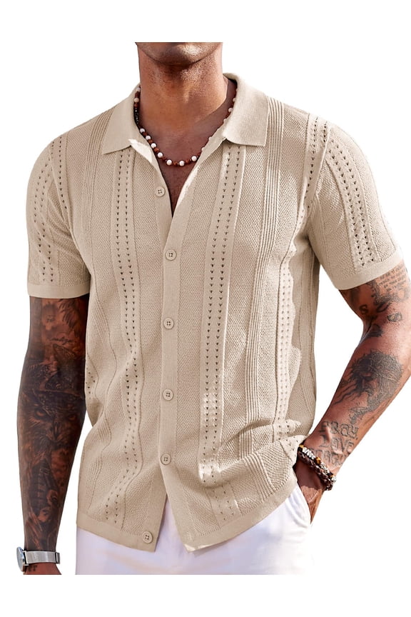 Men's Knit Shirts Short Sleeve Button Up Polo Shirt Fashion Casual Summer Beach Shirts