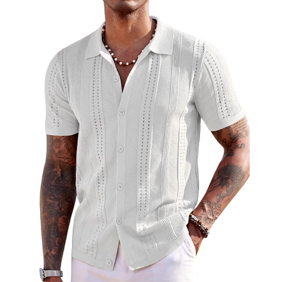 COOFANDY Men's Short Sleeve Knit Polo Shirts Vintage Lightweight Breathable Button Down Cardigan Golf Shirts