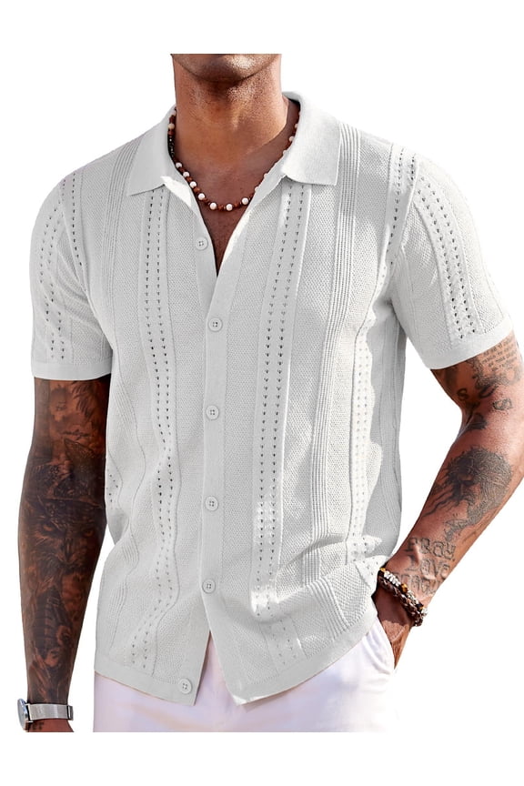 Men's Short Sleeve Knit Polo Shirts Vintage Lightweight Breathable Button Down Cardigan Golf Shirts