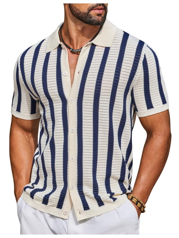 Men's Knit Shirts Short Sleeve Button Down Polo Shirt Striped Casual Summer Beach Shirts