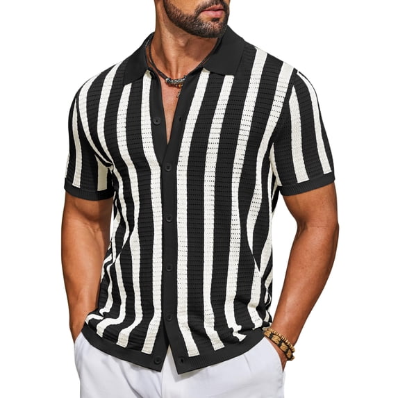 COOFANDY Men's Knit Shirts Short Sleeve Button Down Polo Shirt Striped Casual Summer Beach Shirts
