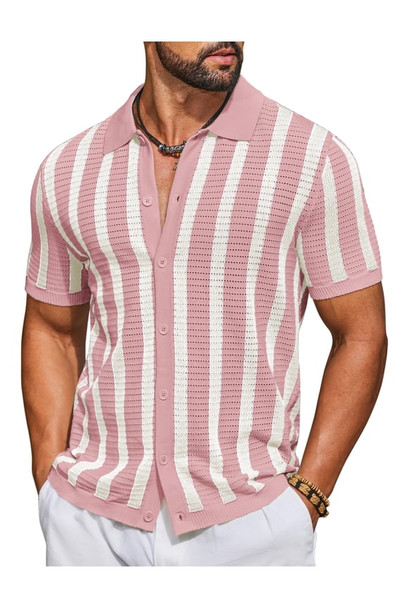 Men's Knit Shirts Short Sleeve Button Down Polo Shirt Striped Casual Summer Beach Shirts