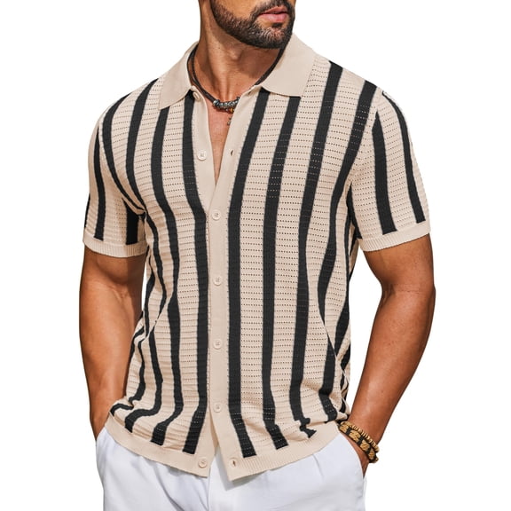 COOFANDY Men's Knit Shirts Short Sleeve Button Down Polo Shirt Striped Casual Summer Beach Shirts